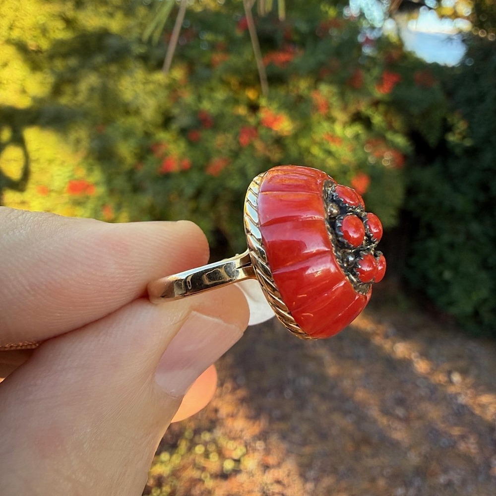 Lee & Mary Weebothee Zuni 14k Gold Pre-Ban Mediterranean Coral Domed Ring 20 ctw